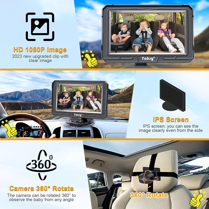 Yakry Baby Car Camera for Backseat - HD 1080P, 170° Wide Angle, Night Vision, 360° Rotation, Safe for Babies, Easy Install, Rear-Facing Baby Car Mirror for Parents Y60