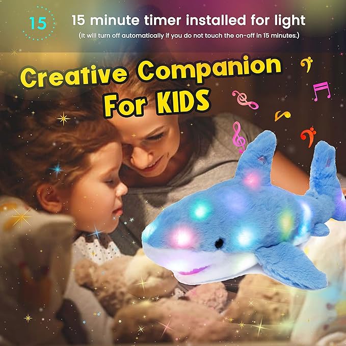 Hopearl LED Musical Stuffed Shark Lighting Up Singing Plush Toy Adjustable Volume Lullaby Animated Soothe Birthday Festival for Kids Toddler Girls, Blue, 16''