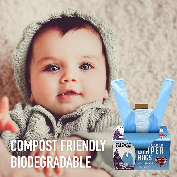 Baby Disposable Diaper Bags 400 Pack - Scented Lavender Odor Absorber Biodegradable Plastic Sacks for Trash - Essential Items for Dirty Diapers - Refill 400 Count