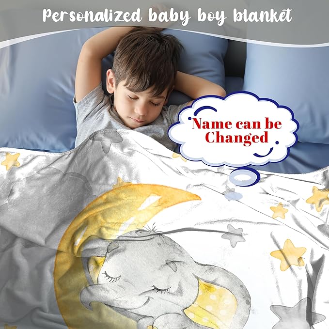 J&SBGFT Personalized Baby Blanket for Boys,Custom Baby Blanket with Name, Customized Name Blanket Receiving Blankets for Toddlers Kids Nursery Stroller Crib Decor Throw,Gray Elephant