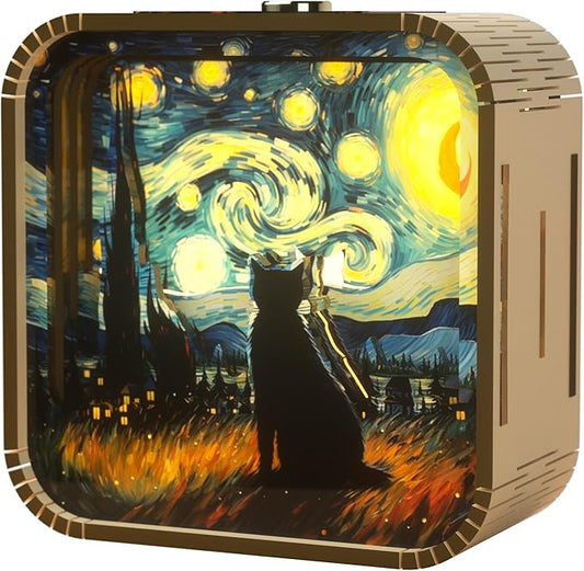 3D Wooden Puzzle Night Light,DIY Craft for Adults with Touch Night Light, Chrismas, New Year, for Teen, Desk Decor for DIY Puzzle Lovers, Men and Women (Van Gogh's Cat)