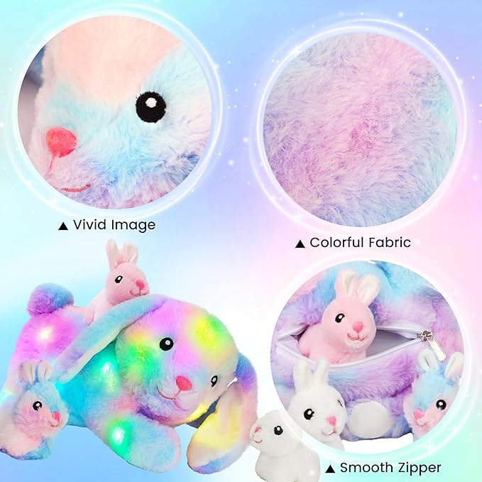 Hopearl LED Stuffed Rabbit Lighting Up Bunny Plush Toy Playset Mommy with 3 Babies in her Tummy Lullaby Animated Soothe for Mom Kids Toddler Girls, Rainbow, 12''