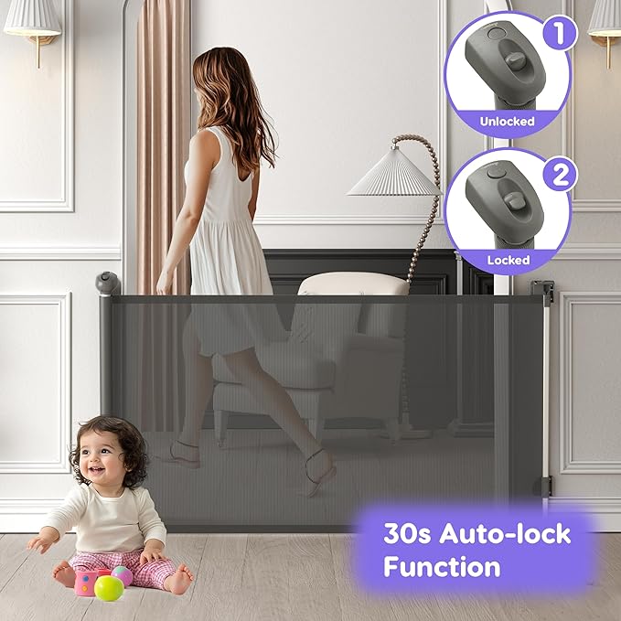 Retractable Baby Gate, Baby Gate for Stairs Auto-Lock, Dog Gates for Doorways Safety, Extends to 34.5x55in, Grey