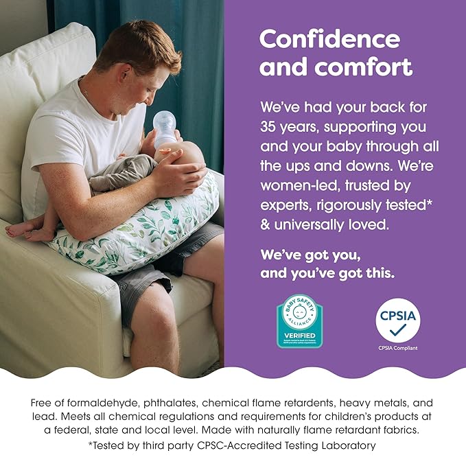 Boppy Nursing Pillow - Ergonomic Bottle & Breastfeeding Pillow with High, Firm, Large Area, Water-Repellent Cushion with Washable Cover; Baby Safety Alliance Verified - Sage Green Leaf