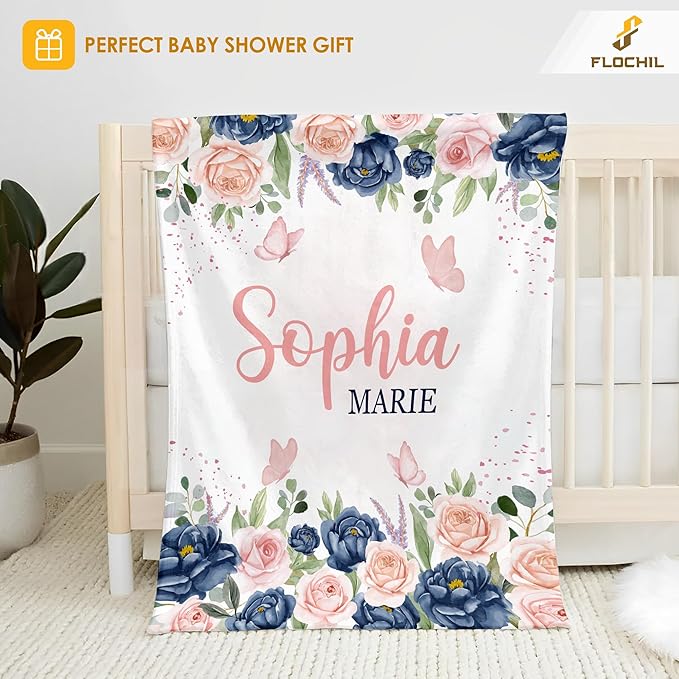 FLOCHIL Personalized Baby Blanket for Girls, Custom Baby Blanket with Name, Customized Baby Products, Gift for Baby, Newborn, Baby Shower (Floral 3)