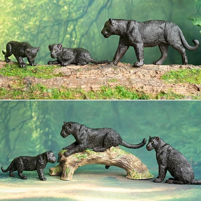 Toymany 7PCS Black Panthers Figurines with Panther Cub and Tree Trunk, Realistic Jungle Animals Figures Family Playset, Educational Toy Cake Toppers