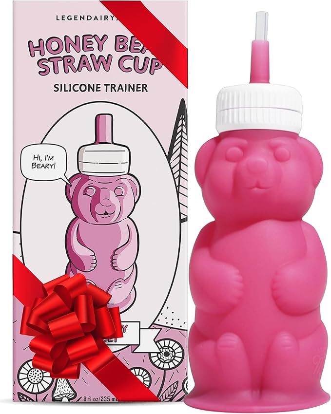 Legendairy Milk Honey Bear Straw Cup Silicone for Babies (Pink), 8 oz. Dishwasher Safe, Food Grade Silicone, Honeybear Sippy Cup for Ages 4+ Months