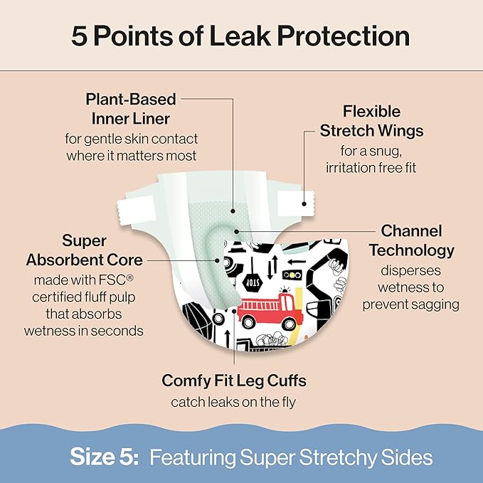 The Honest Company Clean Conscious Diapers for Sensitive Skin, Up to 100% Leakproof Hypoallergenic Fragrance-Free Baby Diapers, Gender Neutral Prints, Super Club Box, Size 5 (27+ lbs), 84 Count