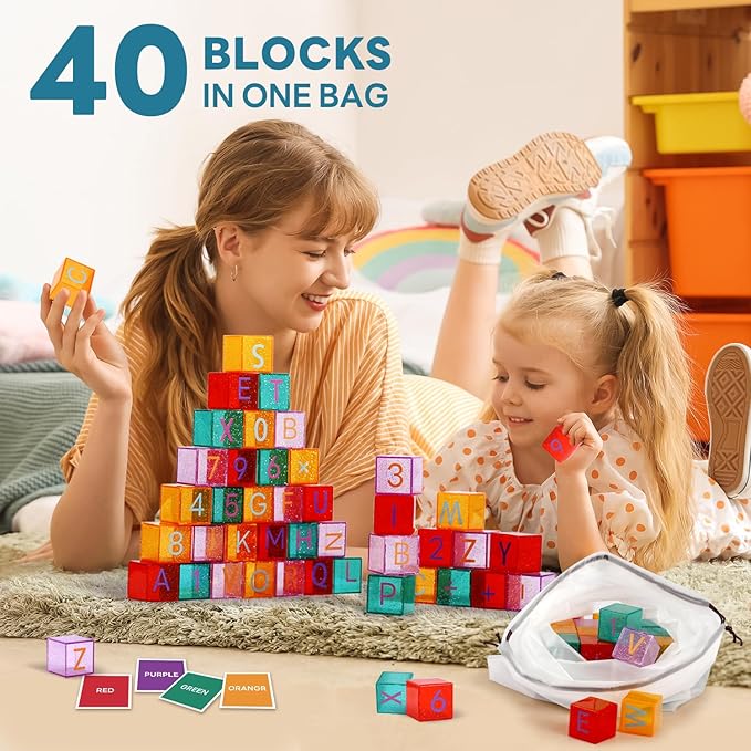 40 PCS Building Blocks for Toddlers, ABC & Number Stacking Blocks Toys for Kids with Color ID Cards, Alphabet Learning and Educational STEM Toy for Boys Girls Gifts 3 4 5 6