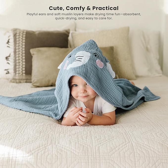 Konssy 2-Pack Muslin Baby Hooded Towels, 100% Cotton, Soft and Absorbent Baby Bath Towels for Newborn, Infant & Toddler with Animal Hooded Design(Elephant & Bear)