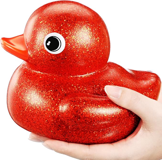 Honoson 6.89 Inch Giant Glitter Rubber Duck Big Glitter Rubber Duck Large Sparkly Duckling Bath Toy with Squeaky Sound for Summer Baby Shower Birthday Party Favor Gift(Red)