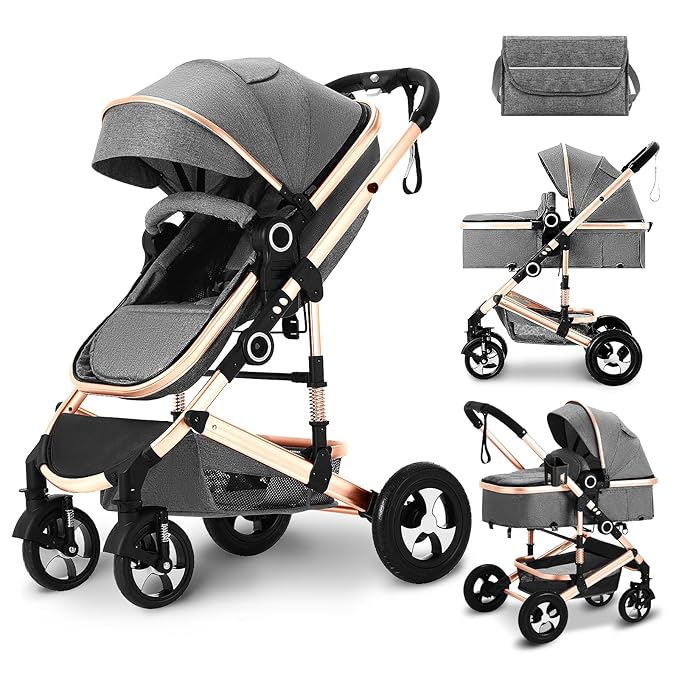 Kinder King 2 in 1 Convertible Baby Stroller, Folding High Landscape Infant Carriage, Newborn Reversible Pram, Adjustable Canopy, Diaper Bag, Anti-Shock Toddler Pushchair Stroller, Gold