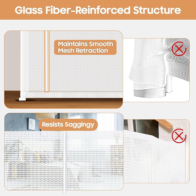 Retractable Baby Gates - 200" Extra Wide Retractable Dog Gate, 42" Extra Tall Mesh Gate Pet Gate with Support Rods, Long Child Safety Gate for Stairs Doorways Indoor Outdoor Large Openings - White