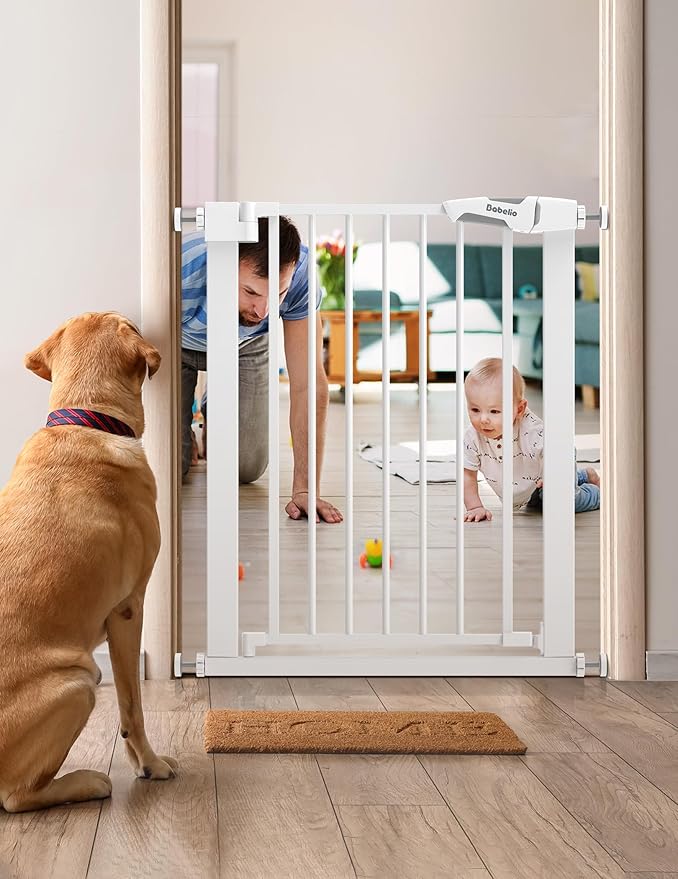 BABELIO 26-28.5 Inch Narrow Easy Install Baby Gate, 30 Inch Tall Auto-Close Metal Pet Gate for Small Stairs and Doorways, NO Drilling Pressure Mounted, NO Extensions, White