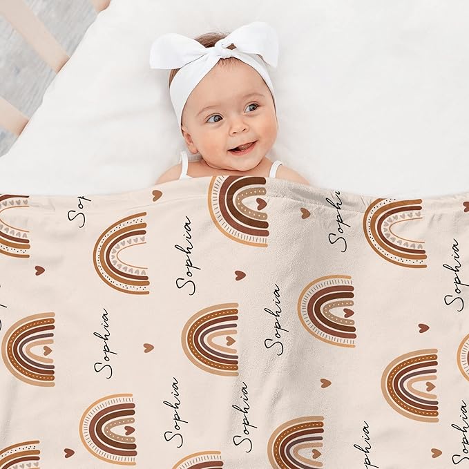 Personalized Baby Blanket with Name, Custom Nursery Blankets with Boho Rainbow, Personalized Gifts for Newborn Infant Baby Girls, Christmas Birthday Shower Gifts for Girl