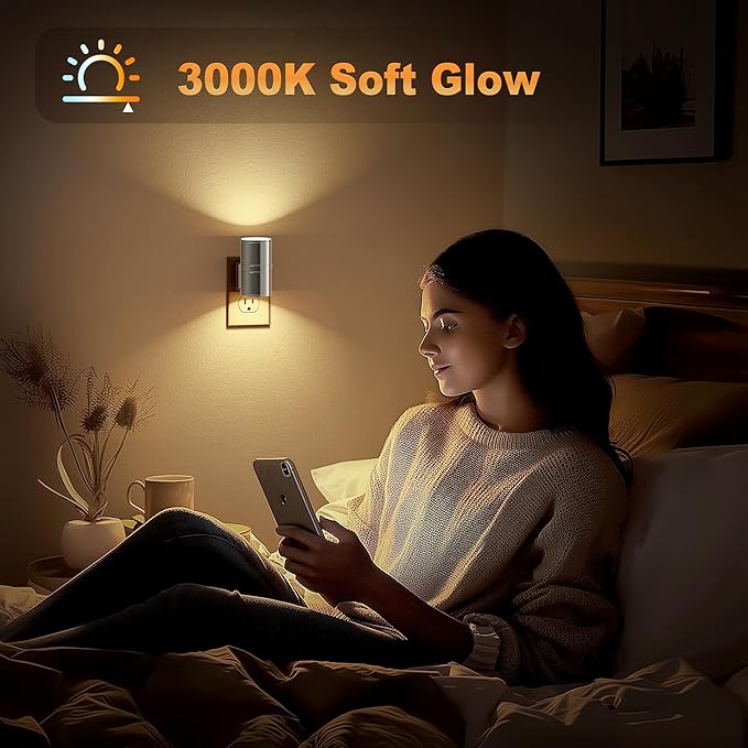 JandCase Night Light, LED Night Lights Plug into Wall, 2 Pack Automatic Nightlight with Light Sensor, 3000K Soft White 0-100LM Dimmable Modern Nightlight for Kids Bedroom Hallway