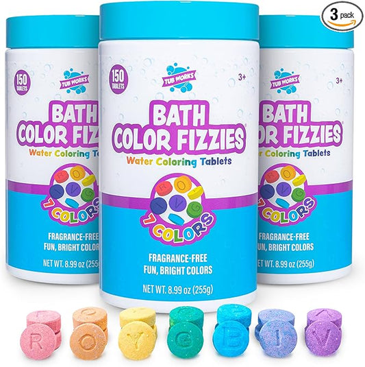 Tub Works® Bath Color Fizzies®, 150 Count, 3 Pack | Nontoxic & Fragrance-Free | Color Bath Drops Create Fun Bath Colors | Bath Color Tablets in 7 Colors for Variety | Bath Bombs for Kids Bath