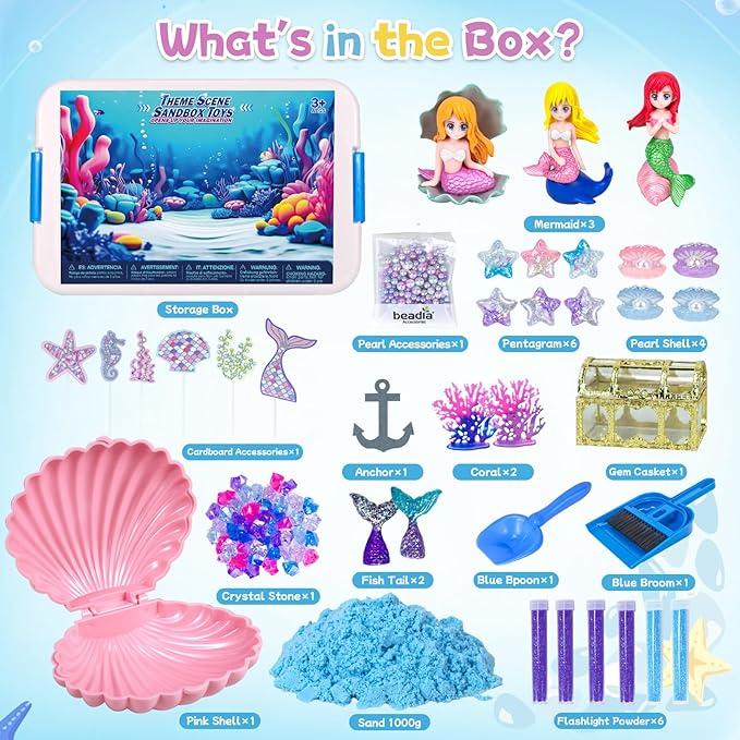 Sensory Bins for Toddlers,Sensory Toys Play Sand Art Kit with Sandbox & Sand Castle Molds & Tools,Indoor Outdoor Beach Toys for Boys and Girls Christmas Birthday Gift (Mermaid Paradise)