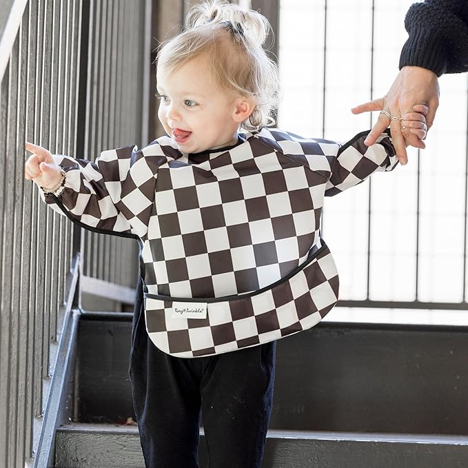 Tiny Twinkle Long Sleeve Bib for Babies & Toddlers – Waterproof Smock Bib for Eating – Machine Washable & Mess-Proof, Baby Feeding Essential & Shower Must-Have(Checkers Black, 6–24M)