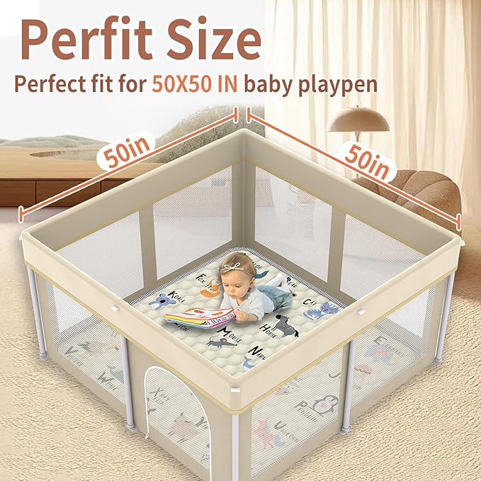 Baby Play Mat 50" X 50", Thickened Soft, Waterproof and Non-Slip Crawling Floor Pad, Machine Washable and Foldable for Floor Playpen
