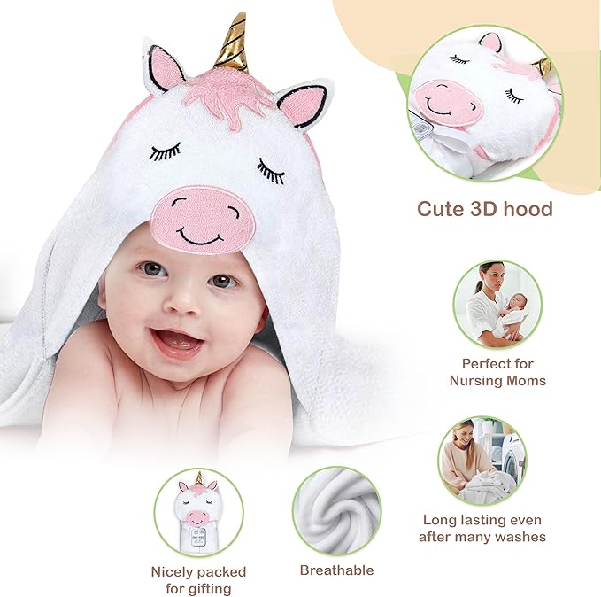 Mother's Choice Baby Hooded Towel - Large Size, Cotton, Ultra-Soft & Absorbent Bath Towel for Newborns, Infants, Toddlers, Boys & Girls with Animal Hood (Unicorn)