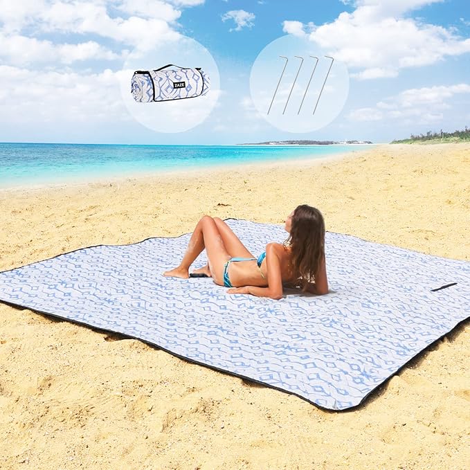 ZAZE Beach Blanket Picnic Blankets Waterproof Sandproof with Stakes, Thick 3-Layer 80 * 80 Oversized Mat, Extra Large Big Machine Washable, Foldable Accessories Outdoor Camping Park (Blue White)