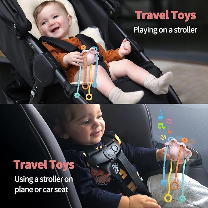 Montesorri-Toys - Pull String Toys for Baby - Made of 100% Food Grade Silicone with Built-in Rattle Function and Easy to Clean Design (Pink)