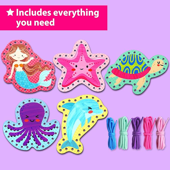 KRAFUN Beginner Mermaid Lacing Card Kit for Kids Arts & Crafts, 5 Easy Mermaid, Animal Lacing Projects, Paper Lace Cards for Toddlers, Fine Motor Preschool Skills Toys