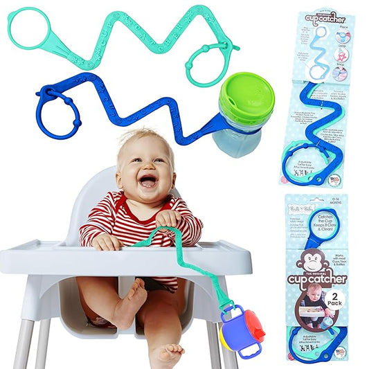 Brilli Baby Cup Catcher Patented Safety Tether Strap, Attach Sippy Cups, Bottles, Pacifiers & More to Stroller, High Chair, Car Seat, Made in USA, Food Grade, Dishwasher Safe (Aqua & Navy)
