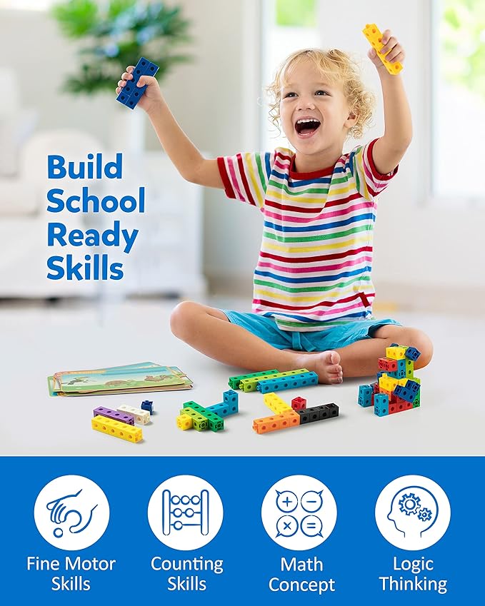 Coogam Math Manipulatives, Math Game for Kids 3-8 with Number Counting Snap Linking Cube, 1st Grade Math Flashcards Toy Gift for Preschool Learning