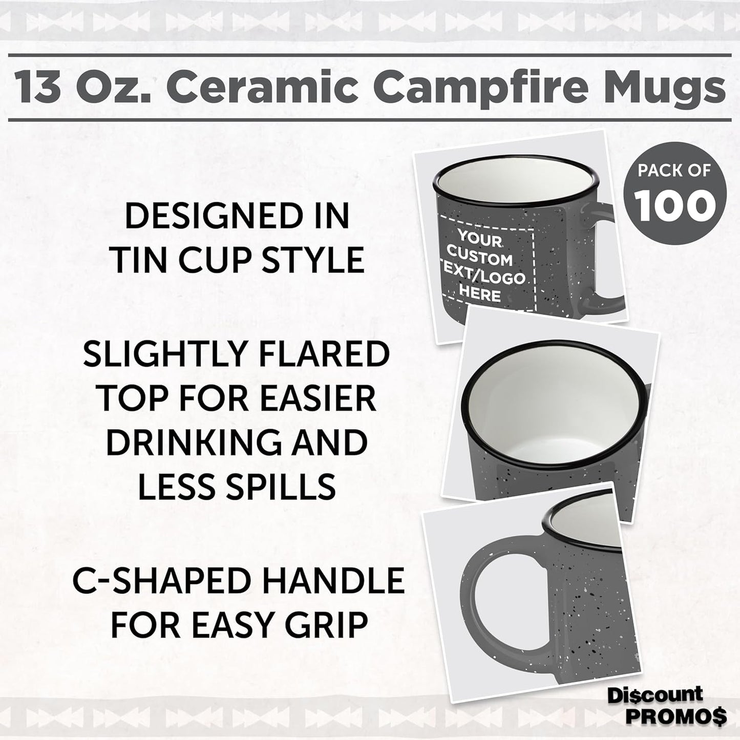 DISCOUNT PROMOS Custom Ceramic Campfire Coffee Mugs 13 oz. Set of 100, Personalized Bulk Pack - Perfect for Tea, Espresso, Cappuccino, Hot Cocoa - Grey