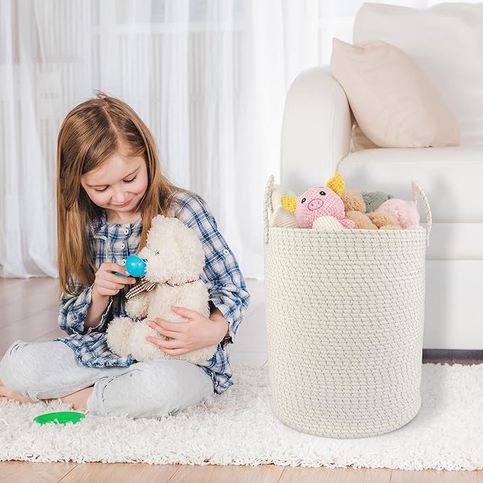 Cotton Rope Laundry Basket Hamper for Clothes Woven Storage Basket for Living Room Bedroom Boho Tall Rope Baskets for Blanket Toys Pillow Towels Baby Nursery Hamper Bin striped