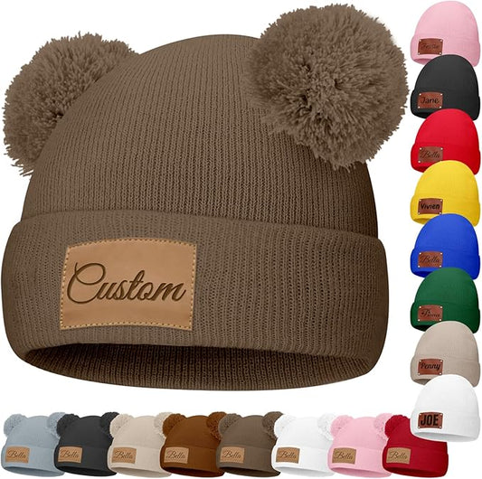 Custom Baby Beanies Personalized Toddler Winter Hats Name Leather Patch Kids Knit Warm Hat for Infant Boys Girls Adult