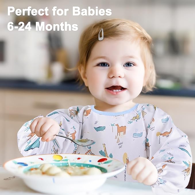 Long Sleeve Baby Bib For Eating Feeding Mess Proof Waterproof Food Smock Bibs With Pocket For Newborn Boy Girl