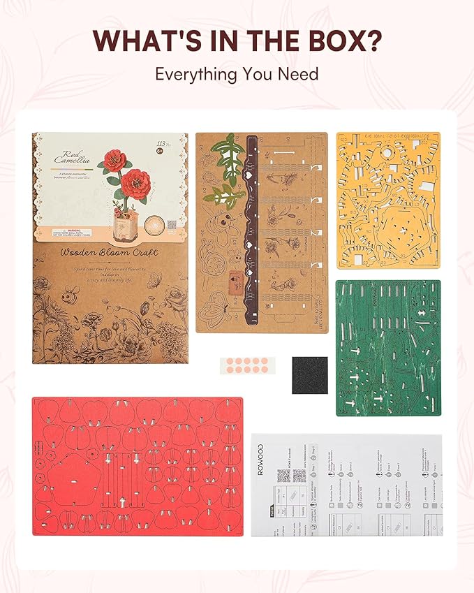3D Flower Wooden Puzzles for Adults-Red Camellia, DIY Wooden Flowers Model Kit Building Set Crafts for Adults to Build, Botanical Collection/Ideal Creative Gift Ideas/Housewarming (113PCS)
