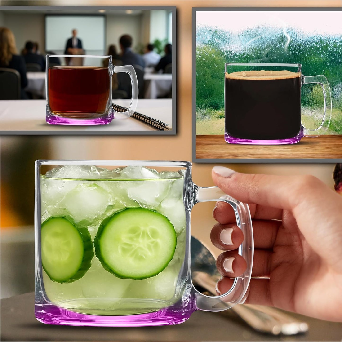 DISCOUNT PROMOS Small Glass Coffee Mugs 9 oz. Set of 10, Bulk Pack - Perfect for Coffee, Tea, Espresso, Hot Cocoa, Other Beverages - Pink