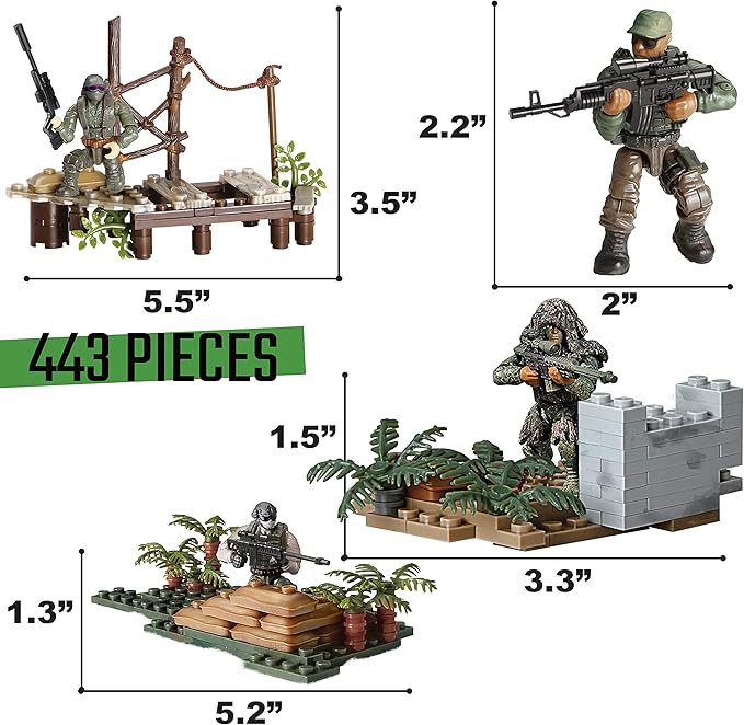 Special Forces US Military Mini Action Figures 3 Army Building Sets 9 soldiers Jungle Troopers Ghillie Suit Sniper Jungle Defence Squad Special Troops Toy10+ Kids & Parents Quality Family Time 443 Pcs