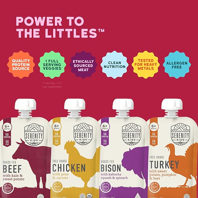 Serenity Kids 6+ Months Baby Food Pouches - Ethically Sourced Meat & Organic Veggies - High Protein Savory Baby Puree Pouches for Baby Snacks - 3.5 Oz, 8 Pack