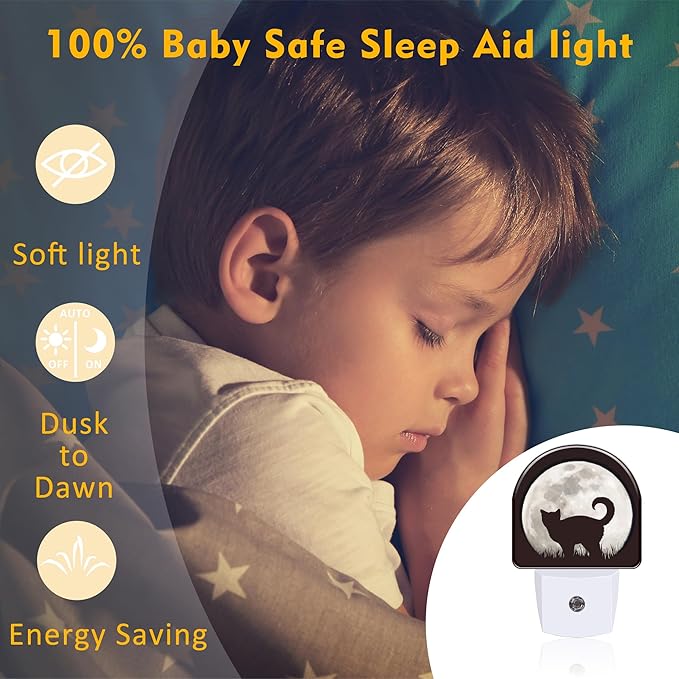 Cat on Moon Night Light, Full Moon Black Cat Dusk to Dawn Night Light Plug in, 0.5w Energy Saving Sleep Friendly NightLight for Kids Boys Girls Home Decor