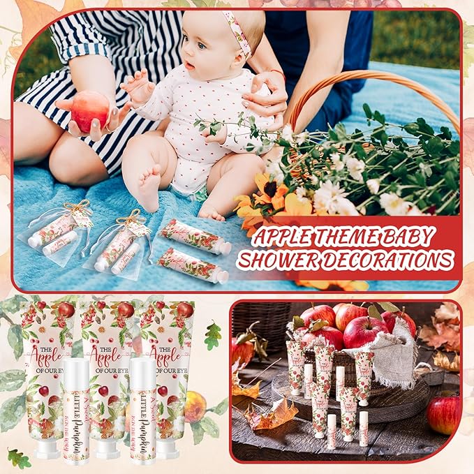 24 Sets Apple of Our Eye Theme Baby Shower Hand Cream and Lip Balm Gift Fall Apple Baby Shower Party Favors Travel Size Hand Lotion and Lip Balm Bulk with Organza Bags Tags Party Supplies for Guest