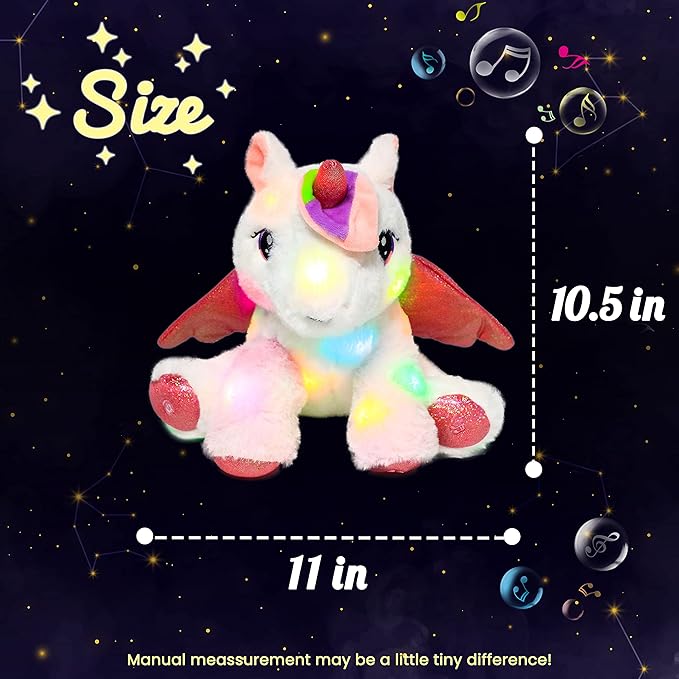 Hopearl LED Musical Stuffed Unicorn Adorable Lighting Up Singing Plush Toy Adjustable Volume Lullaby Animated Soothe Birthday Festival for Kids Toddler Girls, White, 11''