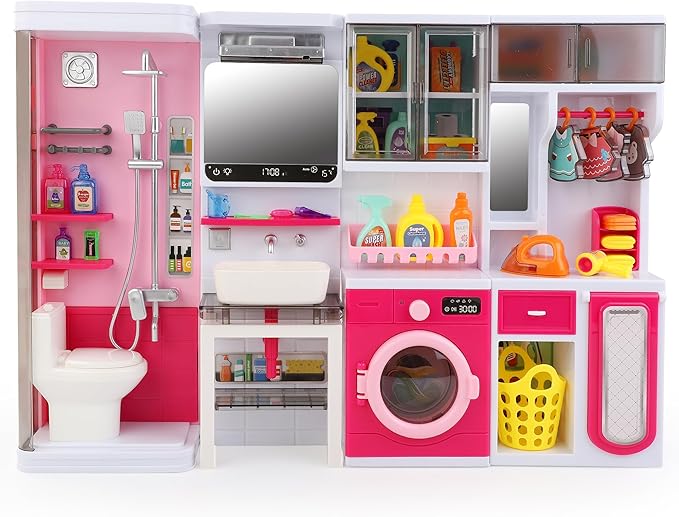 Doll Mini Bathroom Laundry Playset for Kids, House Furniture Pretend Play Toy Accessories Set with Realistic Lights & Sounds for Toddlers, Girls (4-in-1 Bathroom Set)