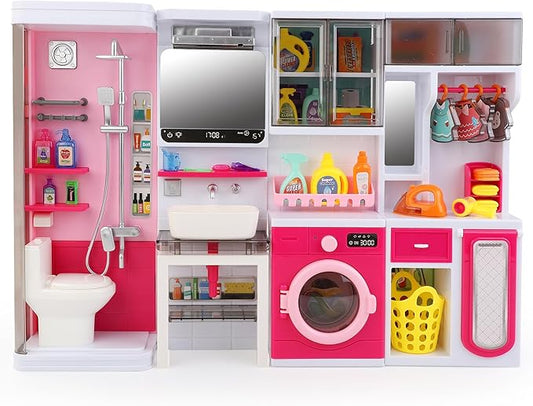 Doll Mini Bathroom Laundry Playset for Kids, House Furniture Pretend Play Toy Accessories Set with Realistic Lights & Sounds for Toddlers, Girls (4-in-1 Bathroom Set)