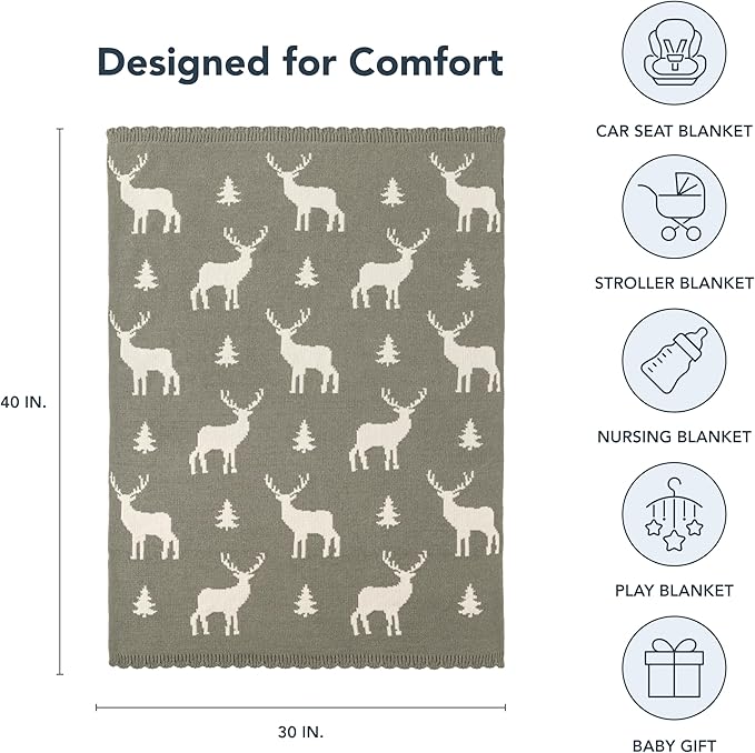 Berkshire Baby Blanket,Ultra-Plush Reversible Chenille Knit Toddler Blanket,Cute Pattern Nursery Crib Blanket,Ideal Baby Gift(30x40 Inches,Woodland Deer Farmhouse Sage)