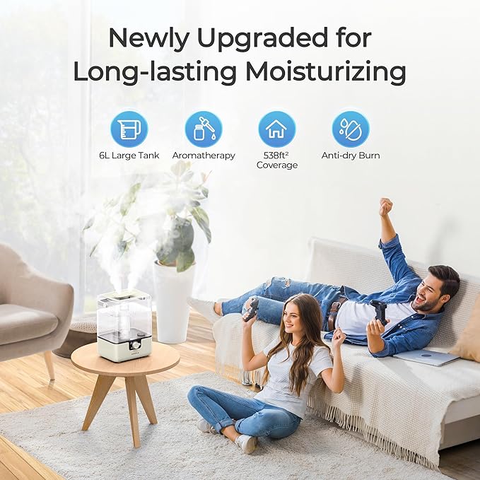 CHIVALZ Humidifiers for Bedroom, 6L Cool Mist Humidifiers for Baby Nursery, 26dB Quiet, 50H Runtime, Top Fill Humidifier for Large Room, Home, Plants, Nightlight, Oil Diffuser 1 Pack CreamyYellow