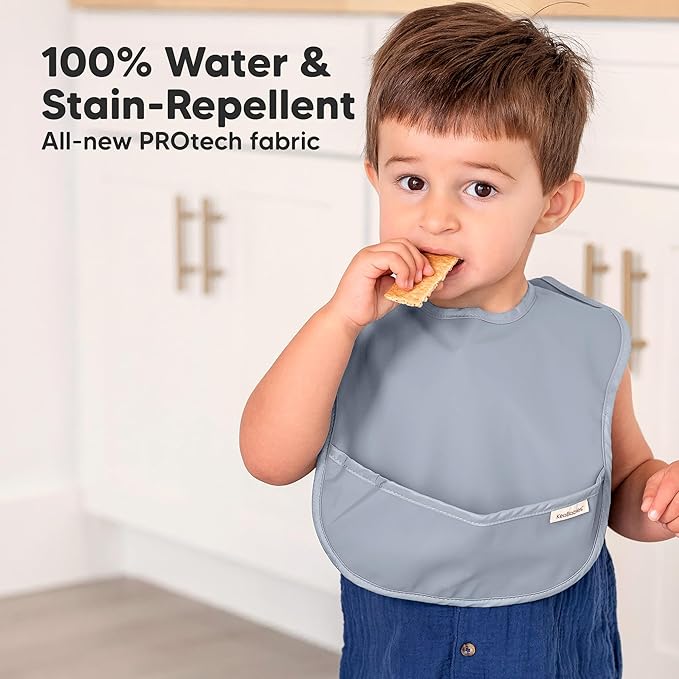 3-Pack Waterproof Baby Bibs for Eating - Lightweight Toddler Feeding Bibs with Large Food Catcher, Mess Proof, Food-Grade Baby Eating Essentials, Easy to Put On & Clean (Slate)