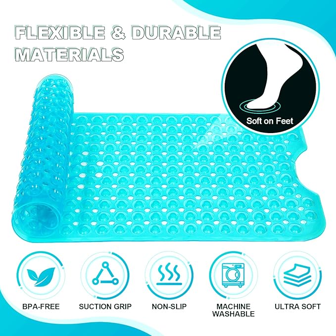 Linoows Bathtub and Shower Mats, 40x16 Inch Extra Large Non Slip Soft Bath Tub Mat with Suction Cups and Drain Holes for Bathroom Floor and Keep Tubs Clean, Machine Washable, Clear Turquoise