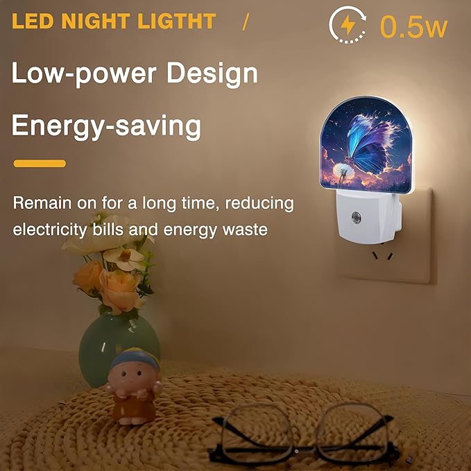 Night Light, Blue Butterfly on Dandelion Flower Night Lights Plug into Wall Dusk to Dawn Sensor Round Nightlight for Women Men Energy Efficient Led Lamp 0.5W for Stairway Hallway Bedroom
