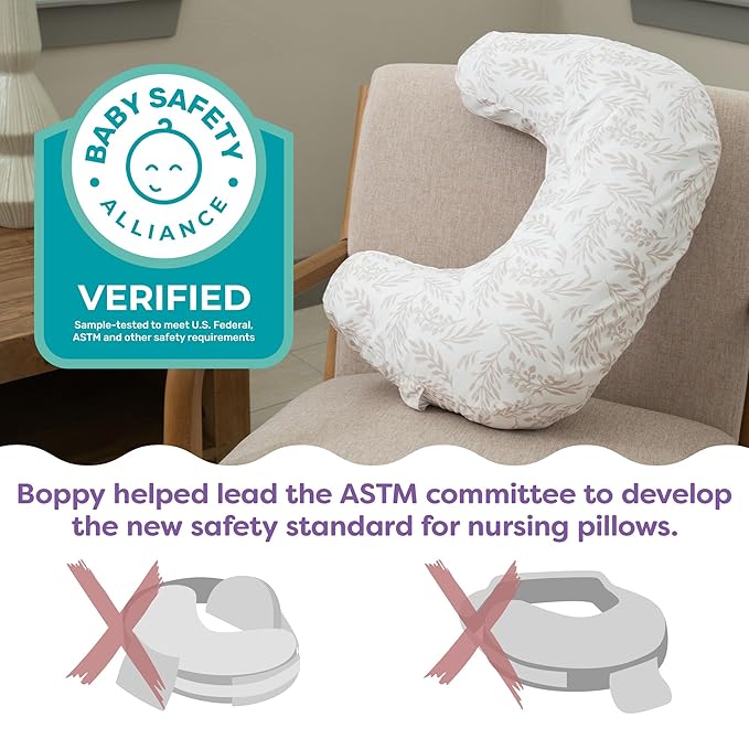 Boppy Nursing Pillow - Ergonomic Bottle & Breastfeeding Pillow, Higher, Firmer & Larger, Water-Repellent with Washable Organic Cotton Cover, Baby Safety Alliance Verified - Green Cut Out Leaves