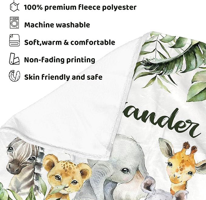 J&SBGFT Personalized Baby Blanket for Boys,Custom Baby Blanket with Name, Customized Name Blanket Receiving Blankets for Toddlers Kids Nursery Stroller Crib Decor Throw,Safari Animal Green
